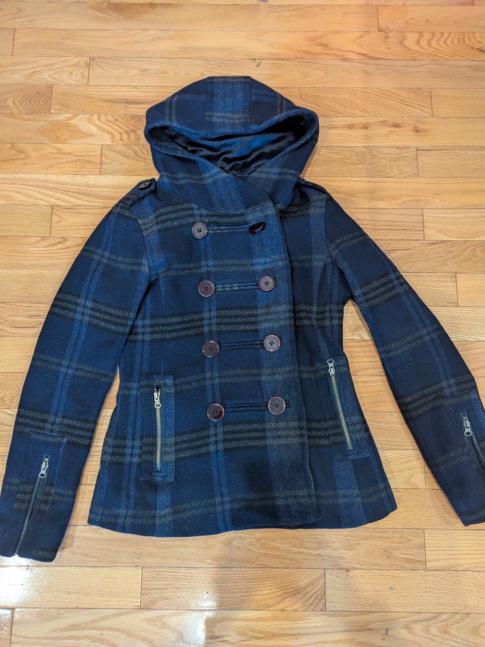 Womens Hooded Double-Breasted Plaid Jacket Medium - Navy Blue